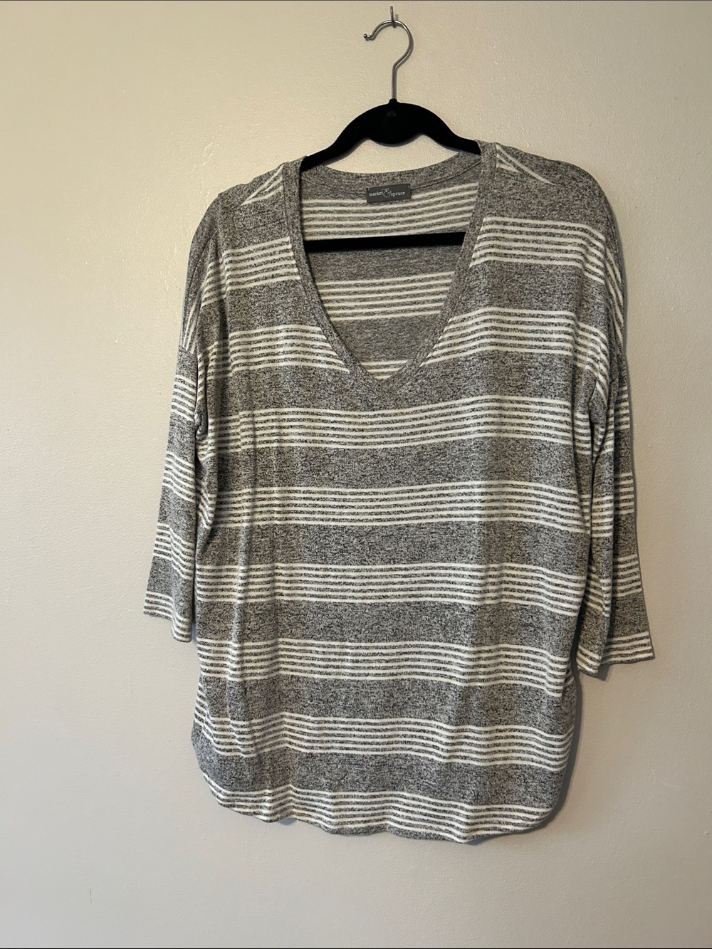 Market & Spruce Gray and White Striped Crewneck Top